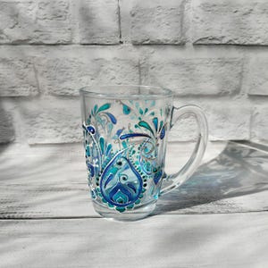 Staned Glass Cup 11 oz ( 330 ml) Painted Glass Cup Blue  Personalized Cup Custom Coffee Cup Oriental Coffee Mug