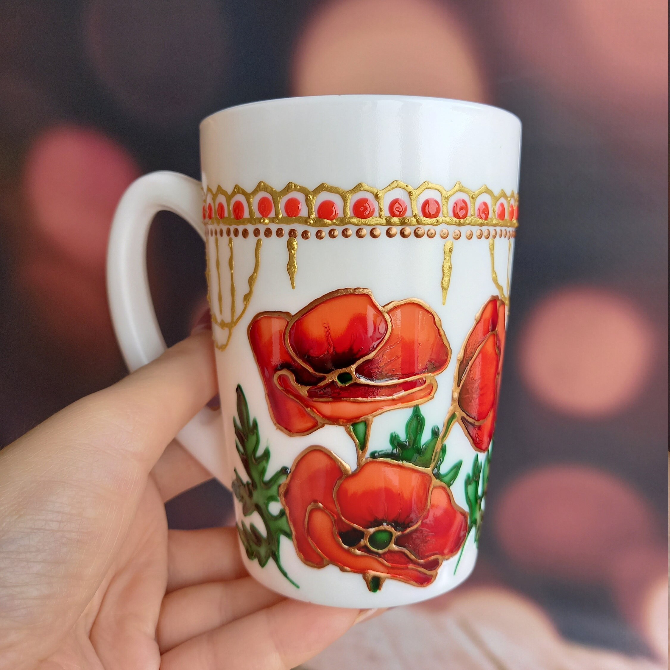 White Ceramic Tea Cup 300 ml 1014 oz Hand Painted Coffe Etsy