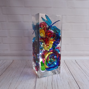 Tall Stained Glass Vase 10*4*4 in ( 25*10*10 cm) Flowers vase  Interior vase Roses  Hand Painted Square Glass Vase Personalized Vase