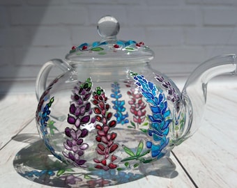 Hand painted teapot with blubonnet 20 oz  Stained glass tea pot Personalized teapot Gift for tea party Custom teapot Housewarming gift