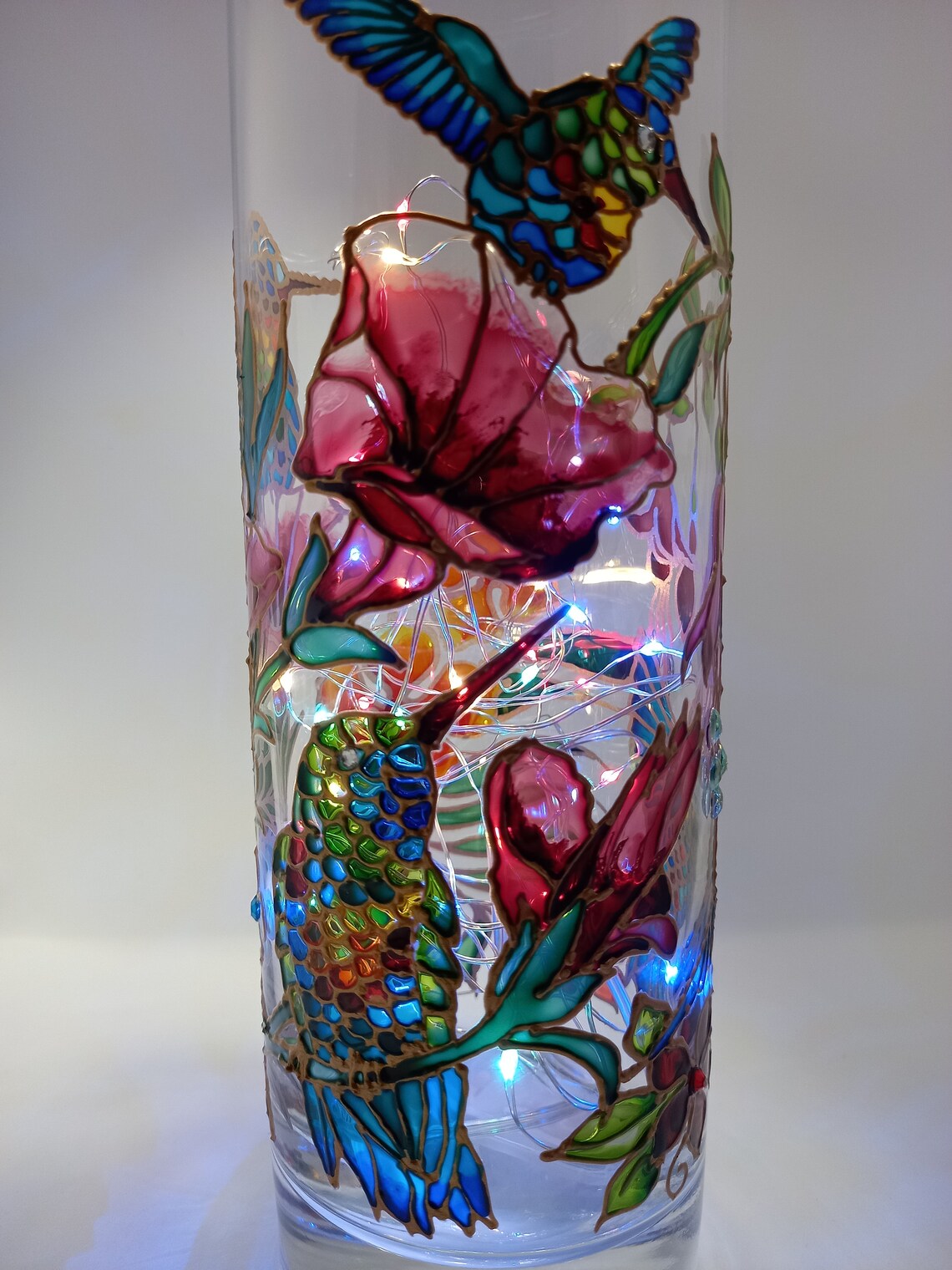 Stained Glass Vase Hand Painted Hummingbird Vase Lamp 102 Etsy