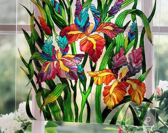 Stained Glass Iris Suncatcher: Hand-Painted Acrylic Window Panel (11x11 in)
