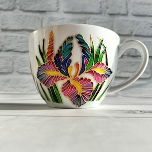 White Porcelain Cup 15 oz ( 450 ml) Irises Coffee Mug Large Coffee Cup Hand Painted Cup Stained Glass Cup Personalized Cup