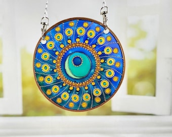 Gebrandschilderd glas-suncatcher 15 cm glas-in-loodraam glazen muurkunst aangepaste zonvanger beste vriend cadeau nieuw huis cadeau blauwe suncatcher
