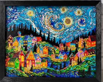 Van Gogh Starry Night Stained Glass Painting on Wood (11x15 in)