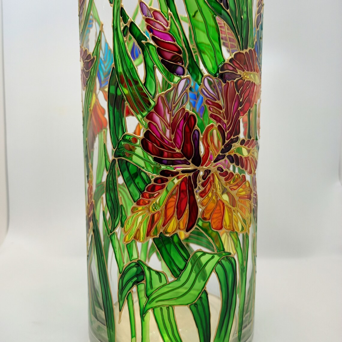Tall Stained Glass Vase Hand Painted Irises Vase 104 1/3 in Etsy