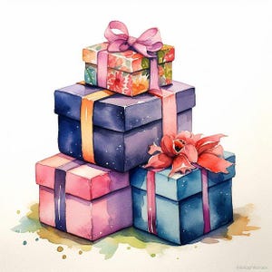 Può includere: Un'illustrazione ad acquerello di una pila di quattro scatole regalo quadrate. La scatola superiore presenta un motivo floreale con un nastro rosa. Sotto, una scatola blu scuro con un nastro giallo, una scatola rosa e una scatola azzurra.