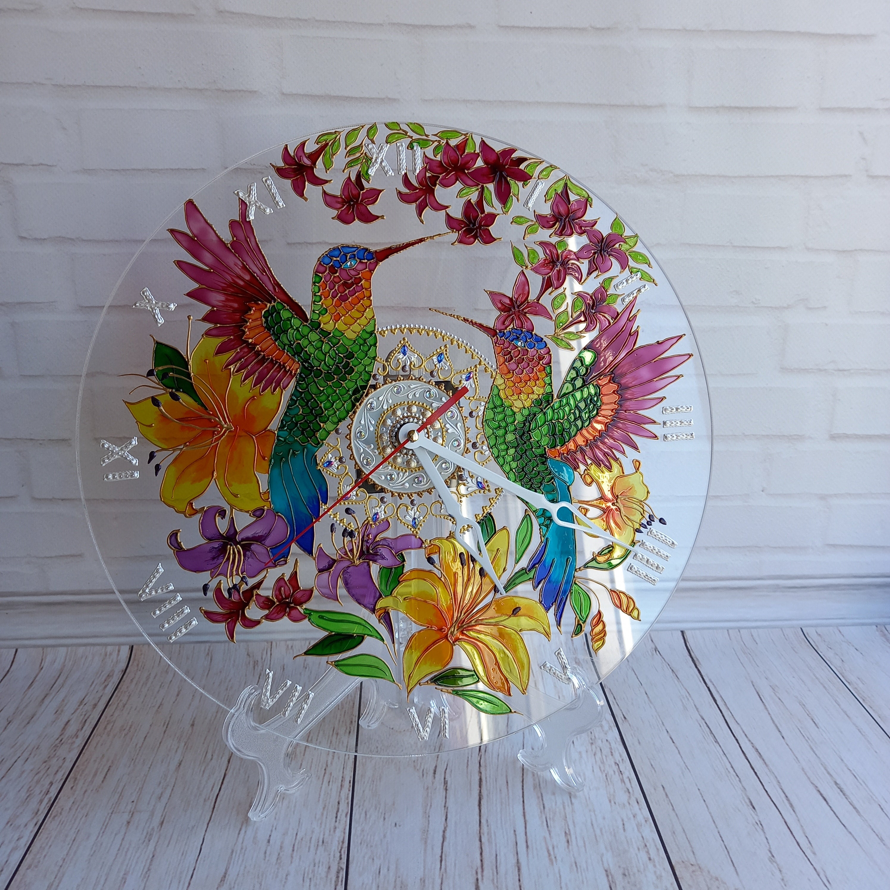 Stained Glass Wall Clock 12 in 32 cm Hummingbirds Hand Etsy