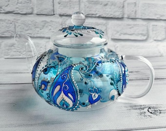 Hand painted teapot 26 oz  Stained glass teapot Personalized teapot Gift for tea party Custom tea pot Housewarming gift Mom birthday gift