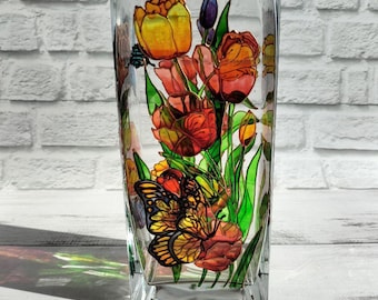 Stained glass vase Tulip vase 10 inch vase  Flower vase  Monarch butterfly Personalized vase Custom Vase  Mothers day gift Wild flower vase