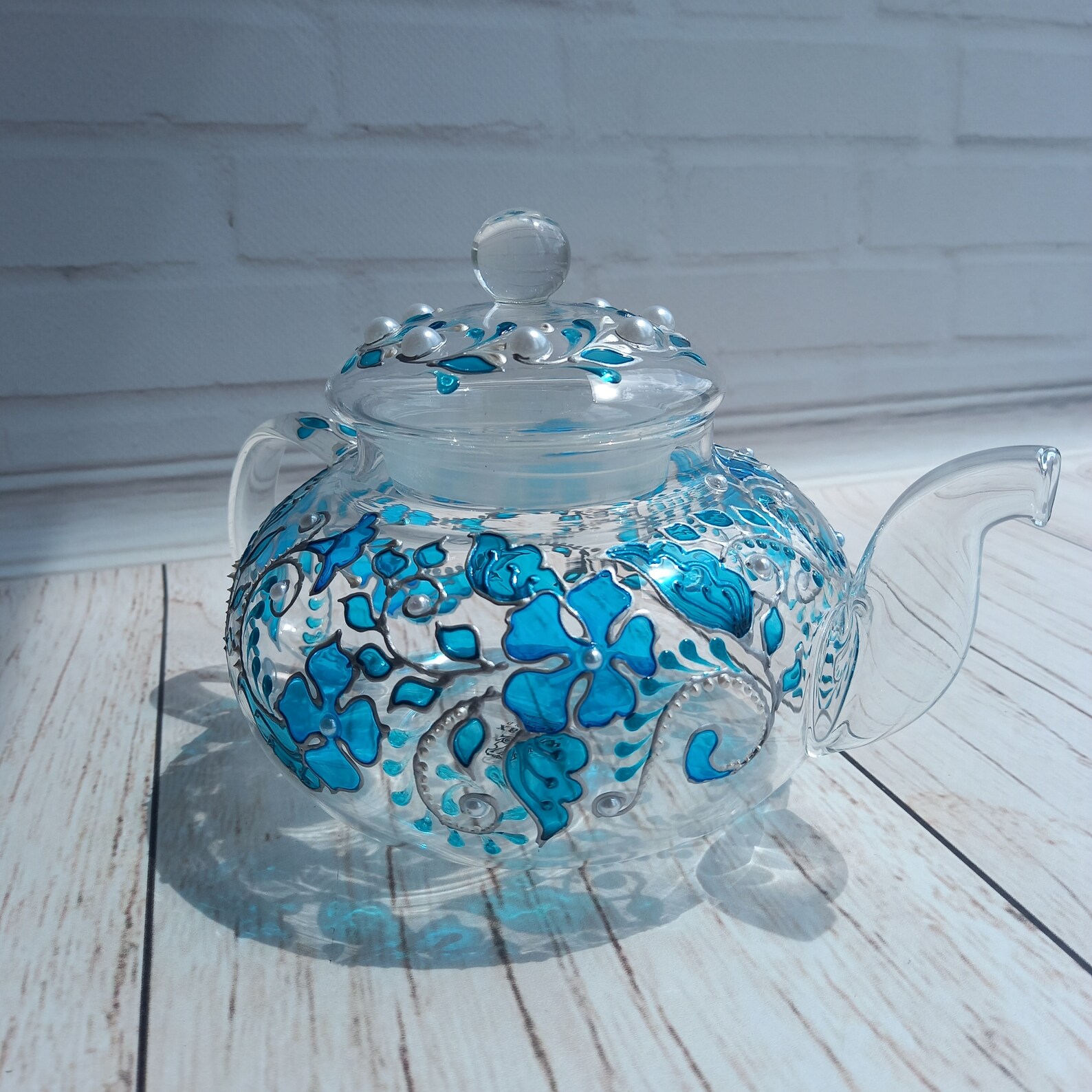 Stained Glass Teapot 20 oz 600 ml Blue Flowers Hand Painted Etsy