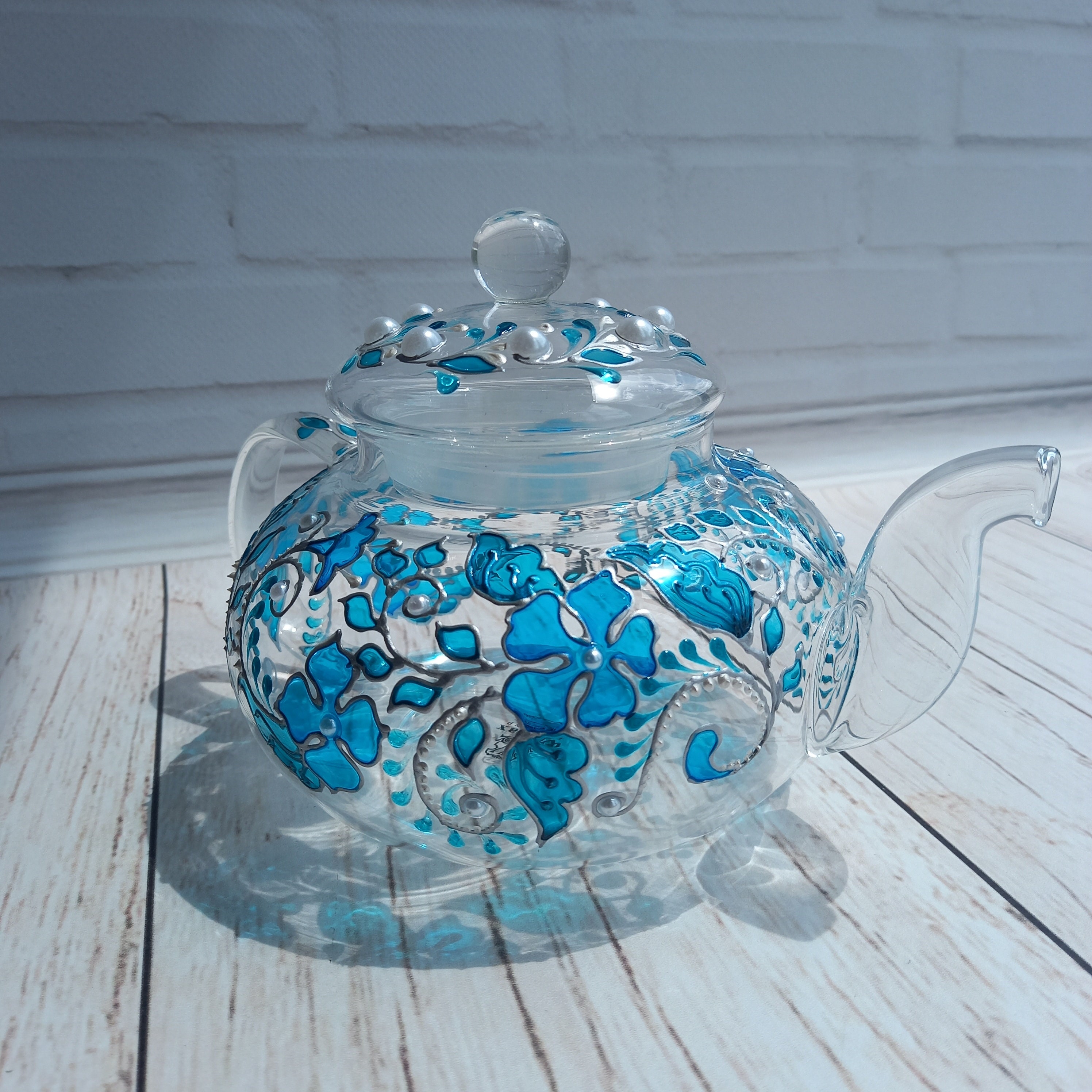Stained Glass Teapot 20 oz 600 ml Blue Flowers Hand Painted Etsy