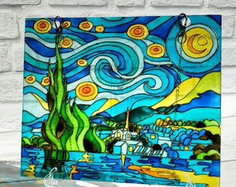 Van Gogh Starry Night Suncatcher: Hand-Painted Acrylic Wall Art (10x8 in)
