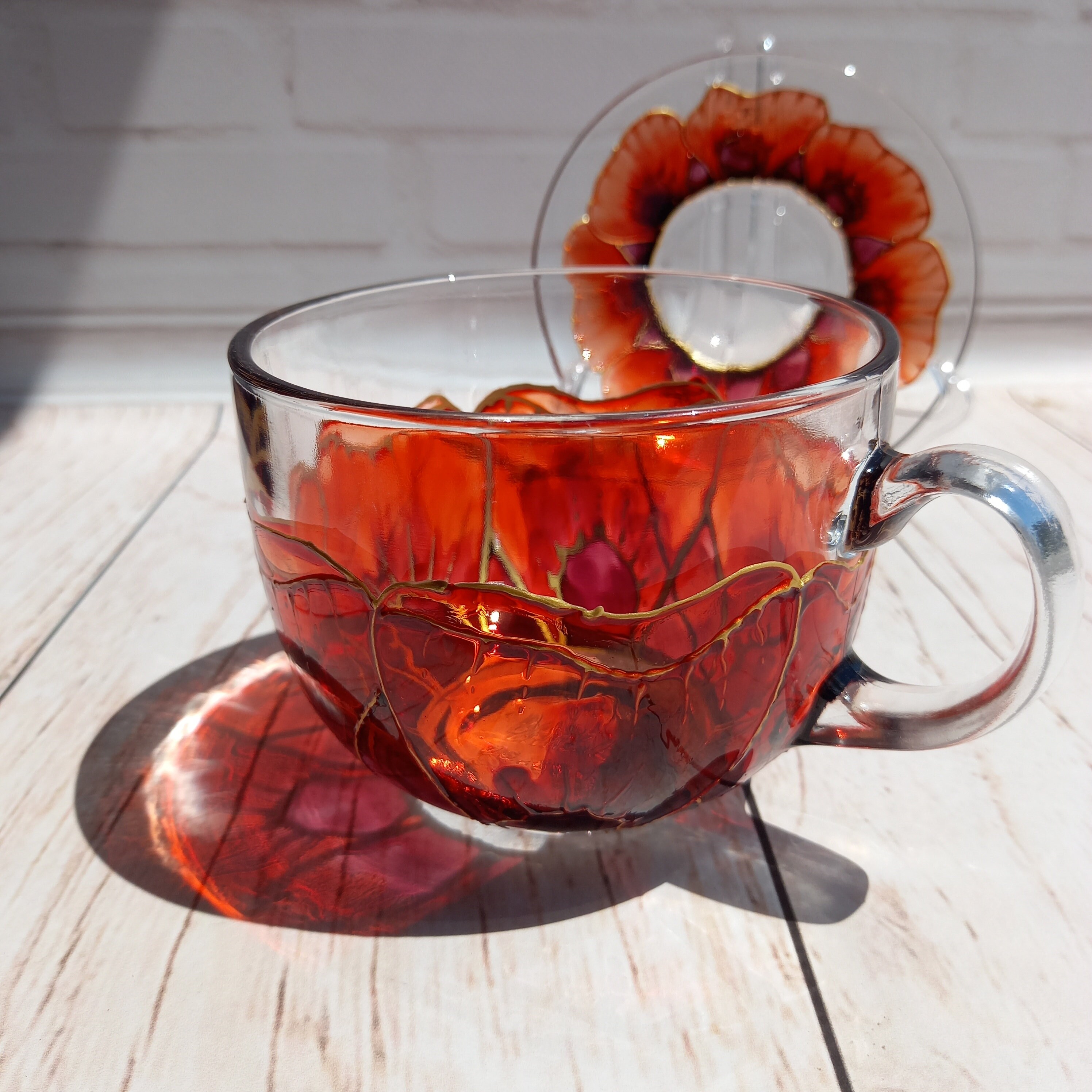 Hand Painted Tea Set Stained Glass Coffee Cup 17 oz 500 ml Etsy