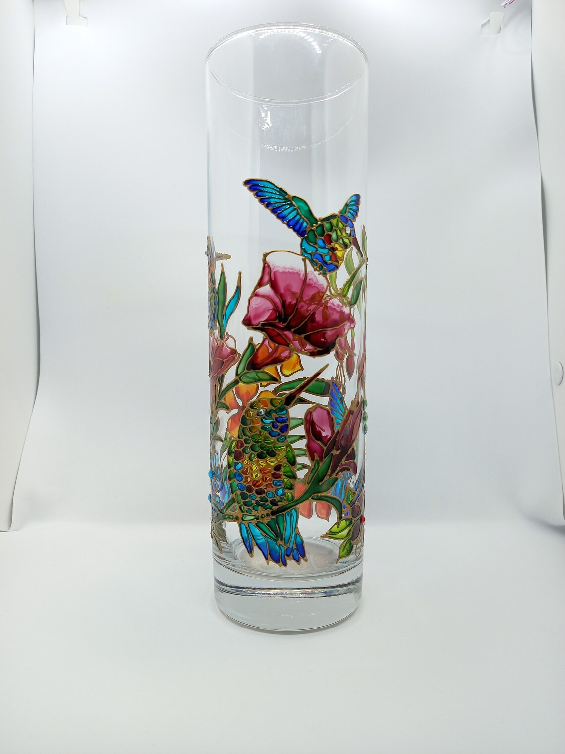 Stained Glass Vase Hand Painted Hummingbird Vase Lamp 102 Etsy