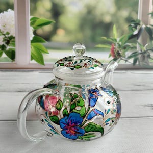 Tetera de vidrio de colores Tetera personalizada Regalos de colibrí Regalo de fiesta de té Regalo para nuevo hogar Juego de té Regalos de pájaros Tetera pintada a mano imagen 3