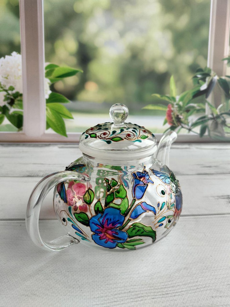 Tetera de vidrio de colores Tetera personalizada Regalos de colibrí Regalo de fiesta de té Regalo para nuevo hogar Juego de té Regalos de pájaros Tetera pintada a mano imagen 3
