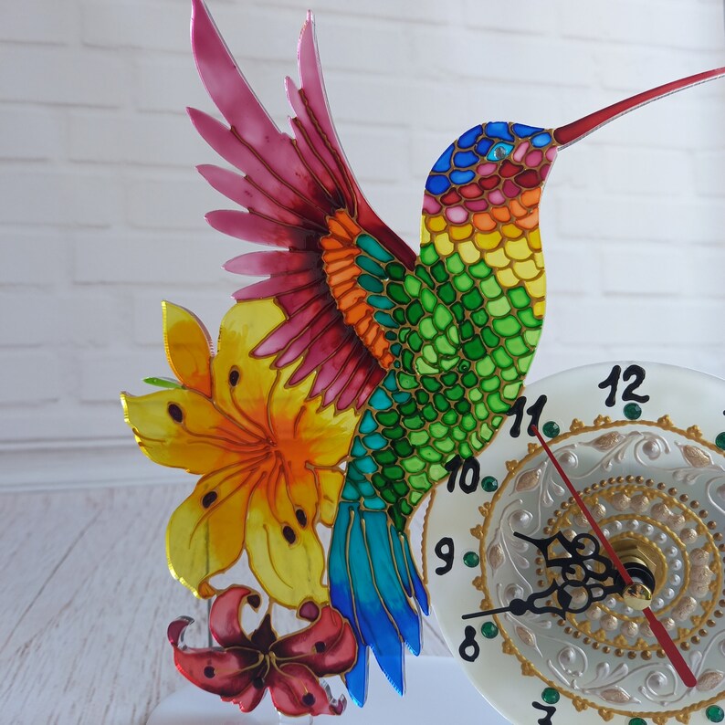 Stained Glass Table Clock Hummingbird 8 in 21 Cm Custom Etsy