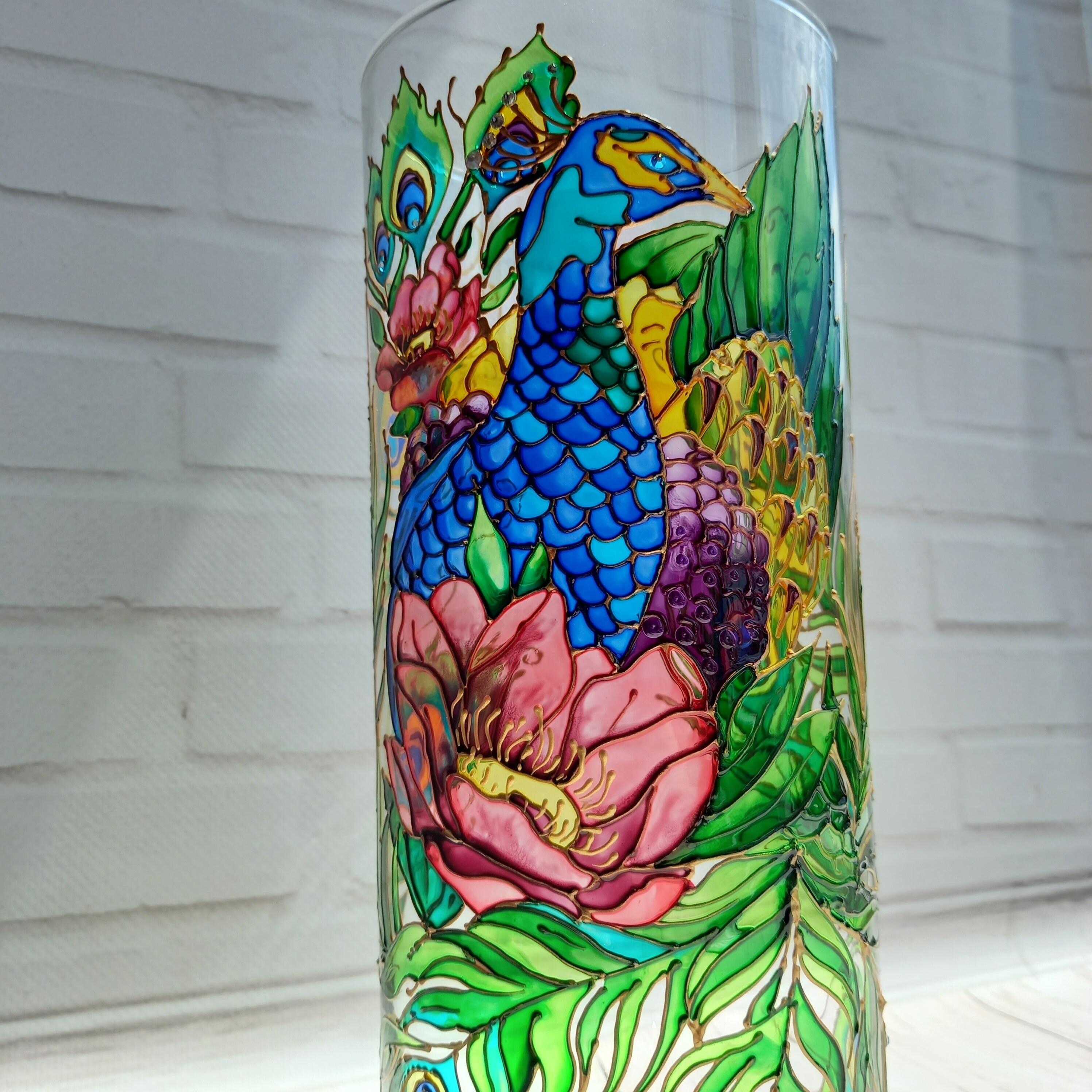 Stained Glass Vase Peacock 10 4 1/3 in 2511 cm Flowers Etsy