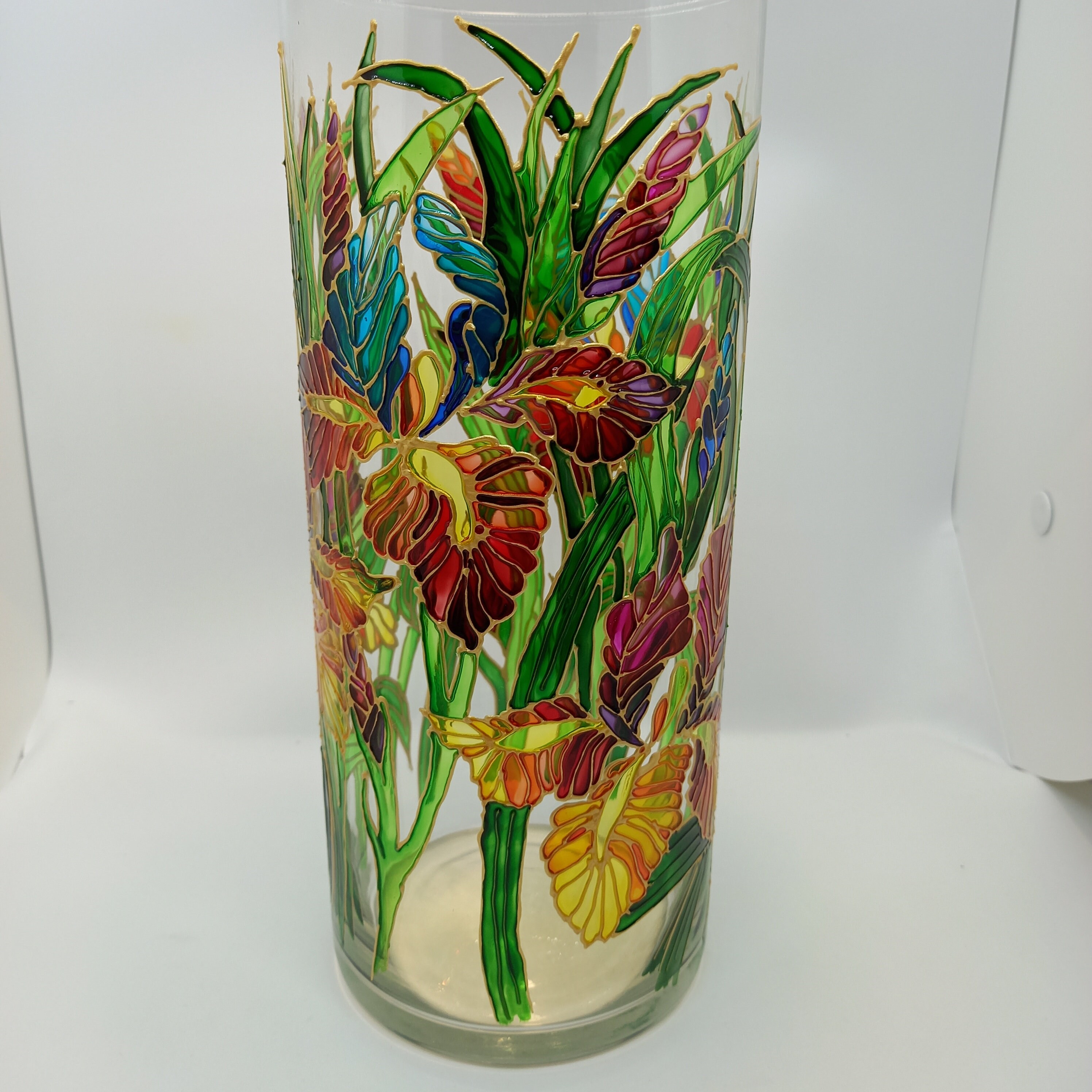 Tall Stained Glass Vase Hand Painted Irises Vase 104 1/3 in Etsy