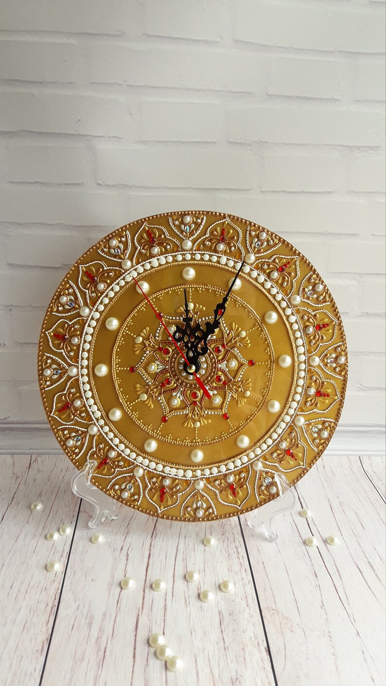 Round Wall clock 98 in 25 cm Gold Wall Clock Stained Glass Etsy