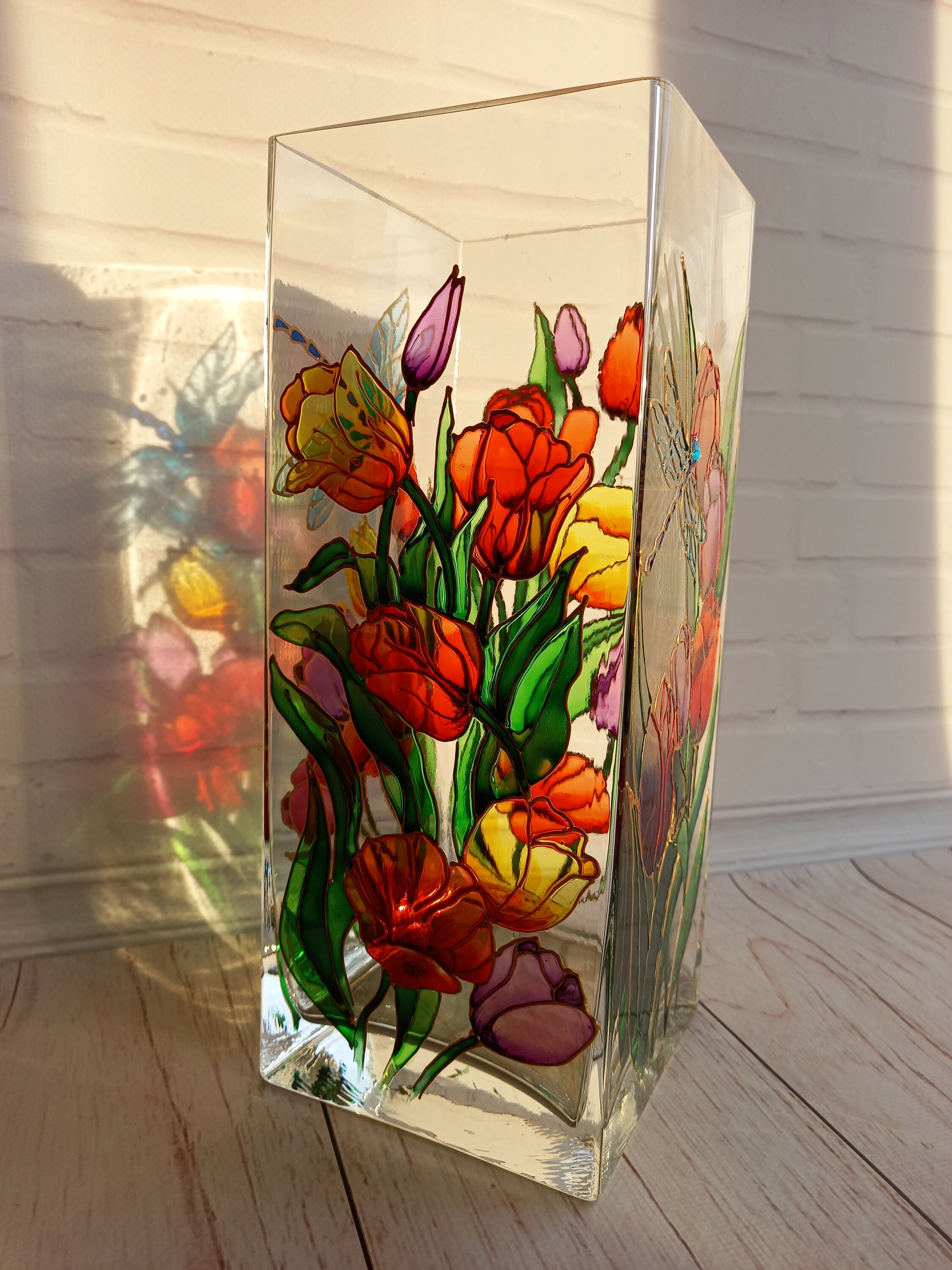 Tall Stained Glass Vase 844 in 201010 cm Tulips Etsy