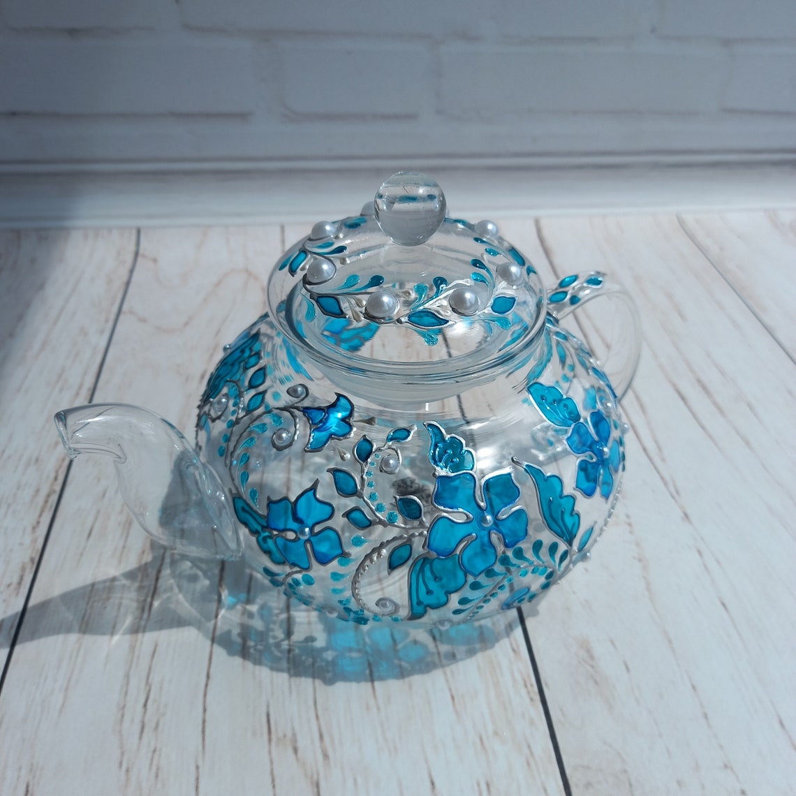 Stained Glass Teapot 20 oz 600 ml Blue Flowers Hand Painted Etsy