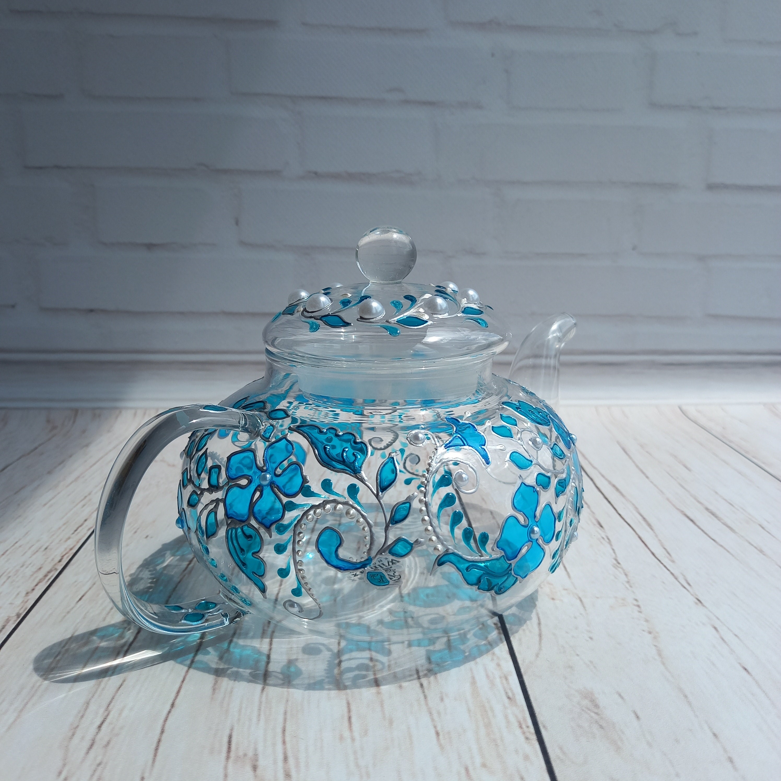 Stained Glass Teapot 20 oz 600 ml Blue Flowers Hand Painted Etsy