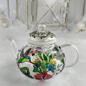 Tetera de vidrio de colores Tetera personalizada Regalos de colibrí Regalo de fiesta de té Regalo para nuevo hogar Juego de té Regalos de pájaros Tetera pintada a mano imagen 10