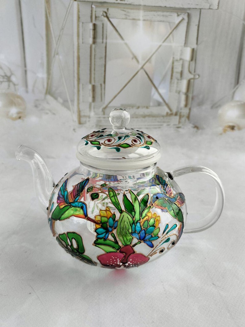 Tetera de vidrio de colores Tetera personalizada Regalos de colibrí Regalo de fiesta de té Regalo para nuevo hogar Juego de té Regalos de pájaros Tetera pintada a mano imagen 10