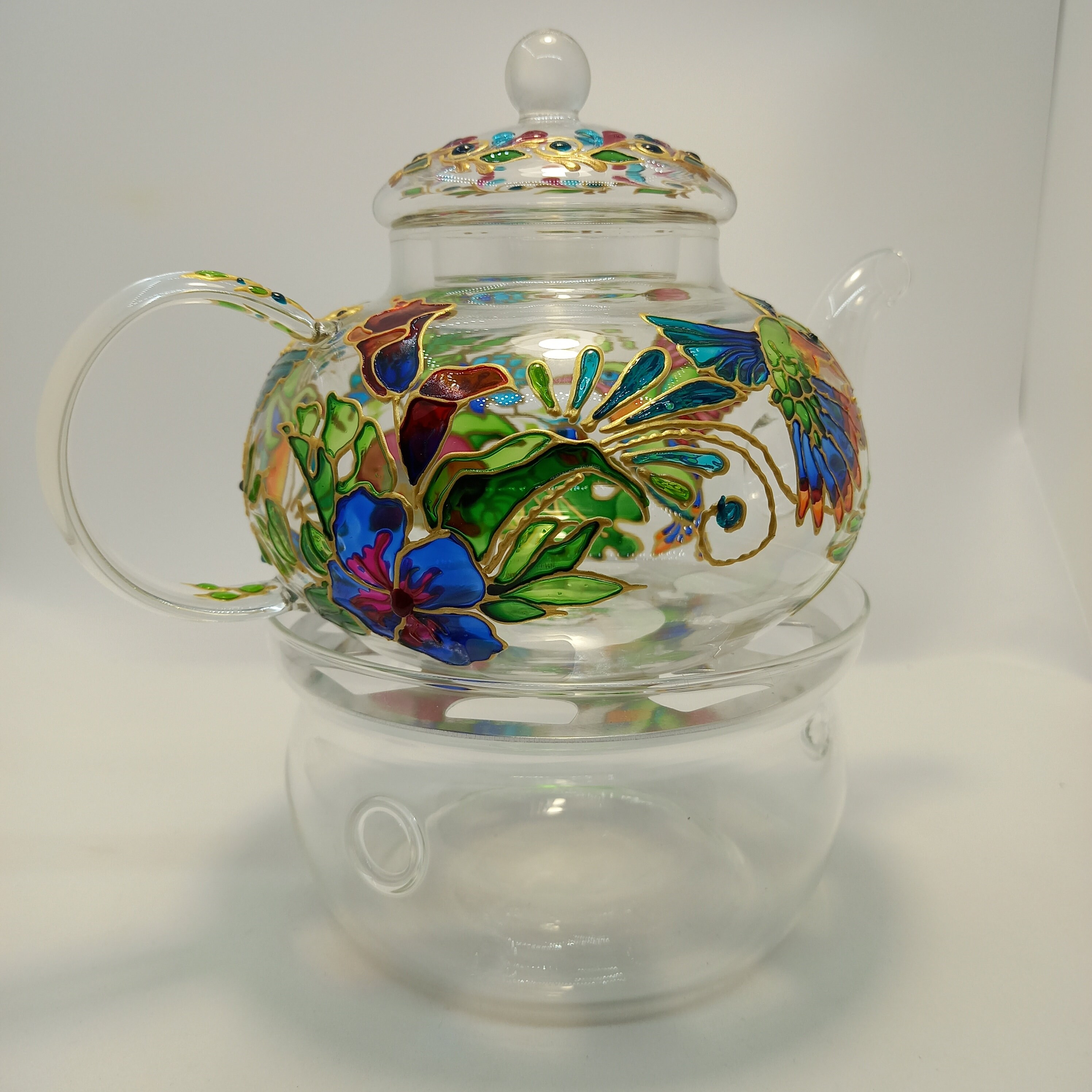 Stained Glass Teapot 20 oz 600 ml Hummingbirds Hand Painted Etsy