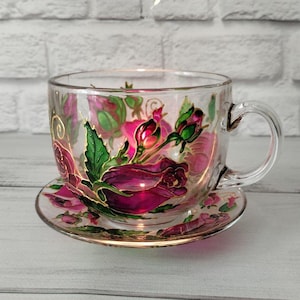 Stained Glass Coffee Cup 17 oz ( 500 ml ) and Saucer  Hand Painted Tea Set Personalized Tea Mug Custom Glass Cup and Saucer Pink Roses Mug