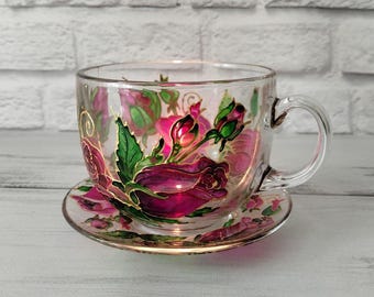 Stained Glass Coffee Cup 17 oz ( 500 ml ) and Saucer  Hand Painted Tea Set Personalized Tea Mug Custom Glass Cup and Saucer Pink Roses Mug