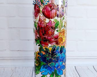 Vase en vitrail Pivoines 10 po (26 cm) Vase à fleurs Vase rond en verre Vase peint à la main Cadeau personnalisé Vase personnalisé