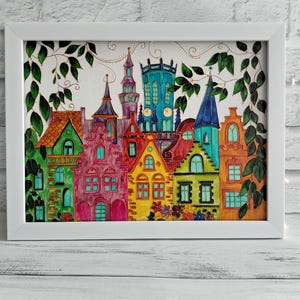 Stadtansicht Acrylbild auf Holz gerahmt: buntes gerahmtes Wandbild 24 x 30 cm