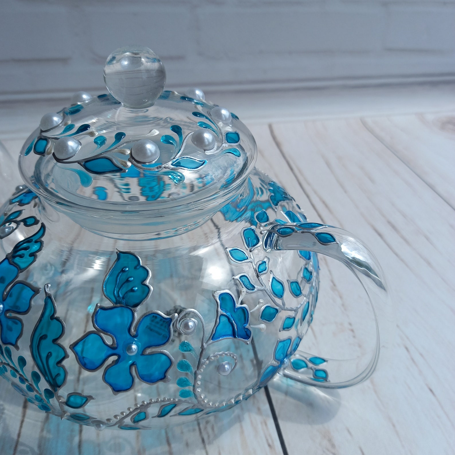 Stained Glass Teapot 20 oz 600 ml Blue Flowers Hand Painted Etsy