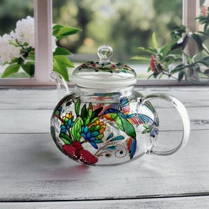 Teiera in vetro colorato Teiera personalizzata Regali per colibrì Regalo per festa del tè Regalo per nuova casa Set da tè Regali per uccelli Teiera dipinta a mano