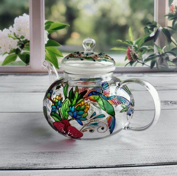 Stained glass Teapot Custom tea pot Hummingbird gifts Tea party gift New home gift Tea set Bird gifts Hand painted teapot