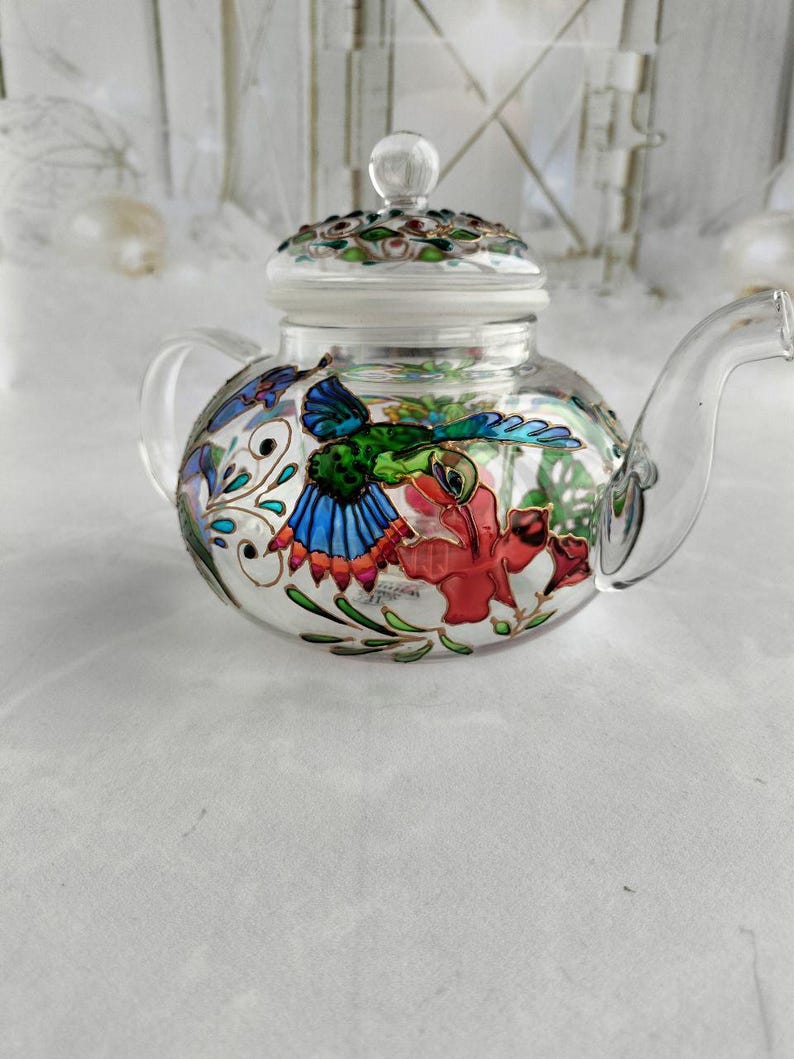 Tetera de vidrio de colores Tetera personalizada Regalos de colibrí Regalo de fiesta de té Regalo para nuevo hogar Juego de té Regalos de pájaros Tetera pintada a mano imagen 9