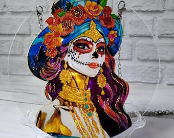 Stained Glass Suncatcher 10 in ( 24 cm) Mexican Day of Dead Glass Window Hanging Wall Art Halloween Decor Sugar Skull Girl