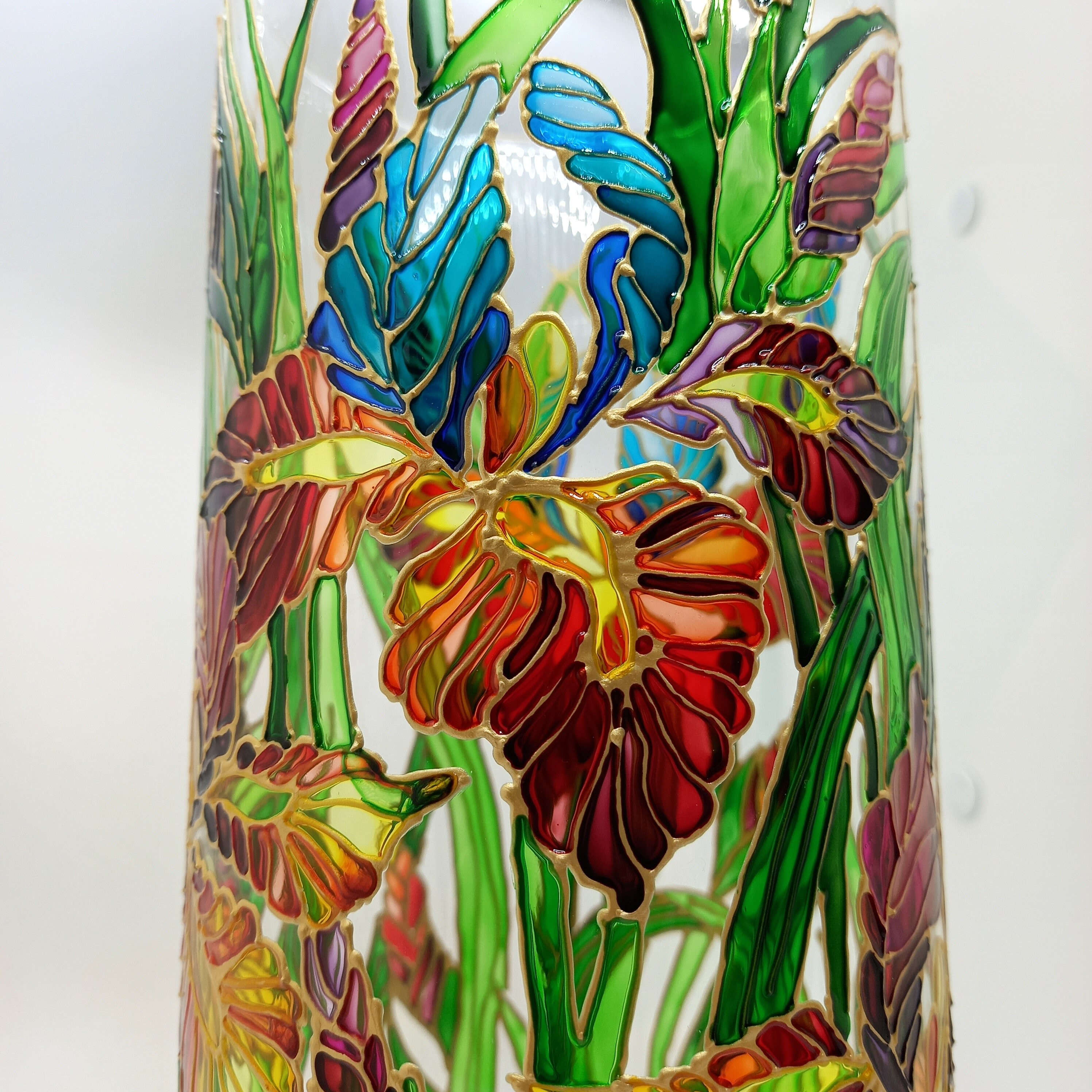 Tall Stained Glass Vase Hand Painted Irises Vase 104 1/3 in Etsy