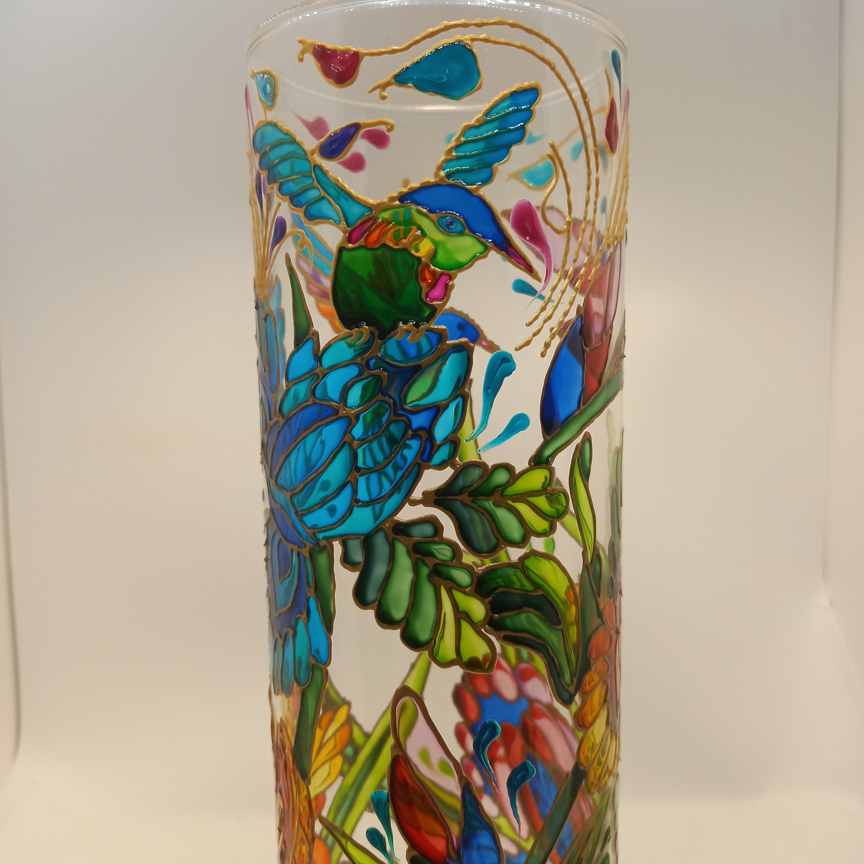 Tall Stained Glass Vase Irises Hand Painted Vase 10 in 25 Etsy