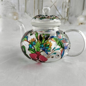 Tetera de vidrio de colores Tetera personalizada Regalos de colibrí Regalo de fiesta de té Regalo para nuevo hogar Juego de té Regalos de pájaros Tetera pintada a mano imagen 7
