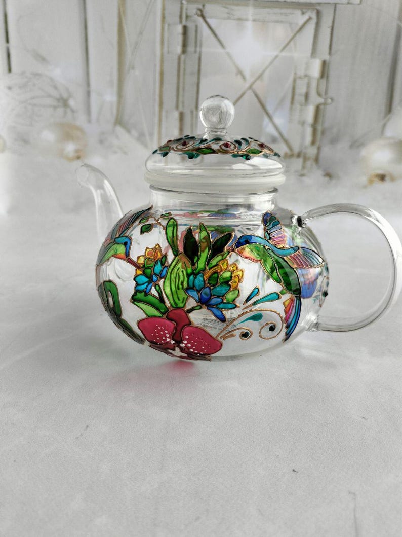 Tetera de vidrio de colores Tetera personalizada Regalos de colibrí Regalo de fiesta de té Regalo para nuevo hogar Juego de té Regalos de pájaros Tetera pintada a mano imagen 7