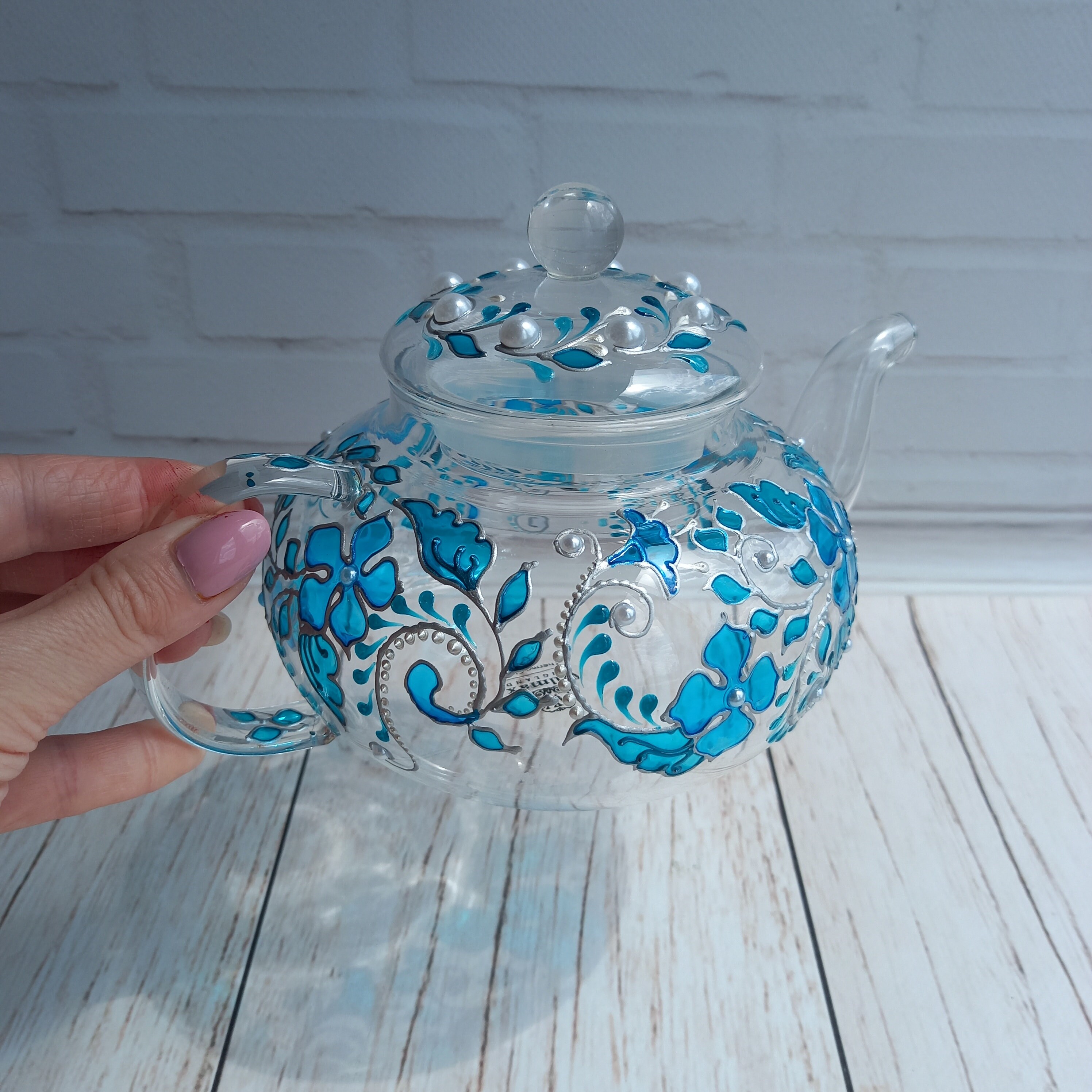 Stained Glass Teapot 20 oz 600 ml Blue Flowers Hand Painted Etsy