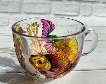 Stained glass Coffee cup 17 oz ( 500 ml ) Gold fish Custom cup Personalized cup Fisherman gift Gifts fo dad Gift for daughter Husband gift