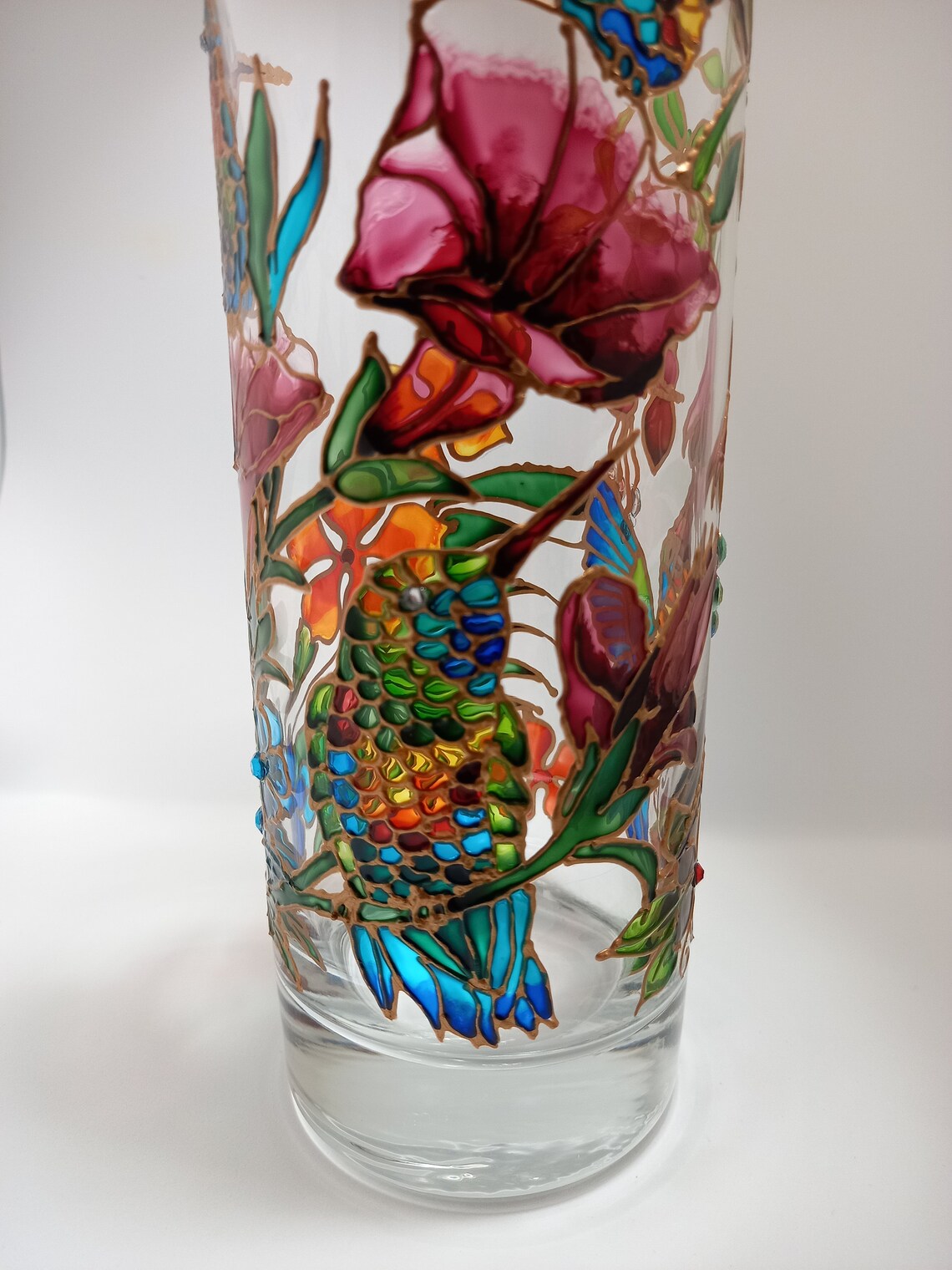 Stained Glass Vase Hand Painted Hummingbird Vase Lamp 102 Etsy