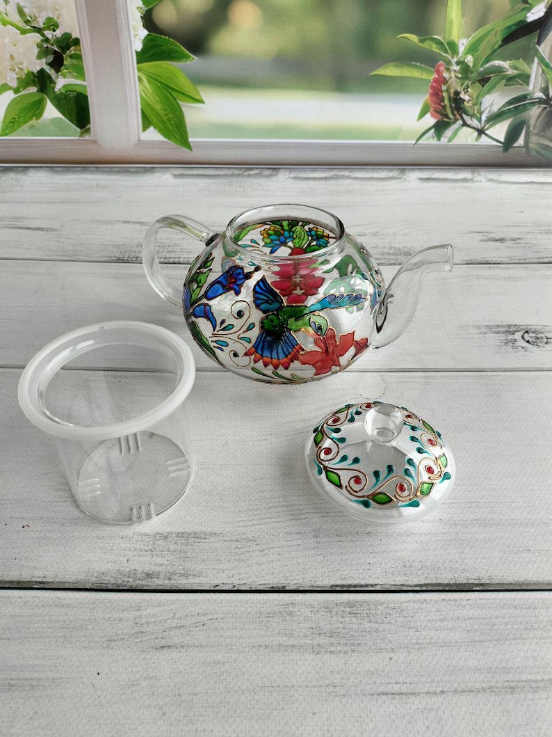 Tetera de vidrio de colores Tetera personalizada Regalos de colibrí Regalo de fiesta de té Regalo para nuevo hogar Juego de té Regalos de pájaros Tetera pintada a mano imagen 5