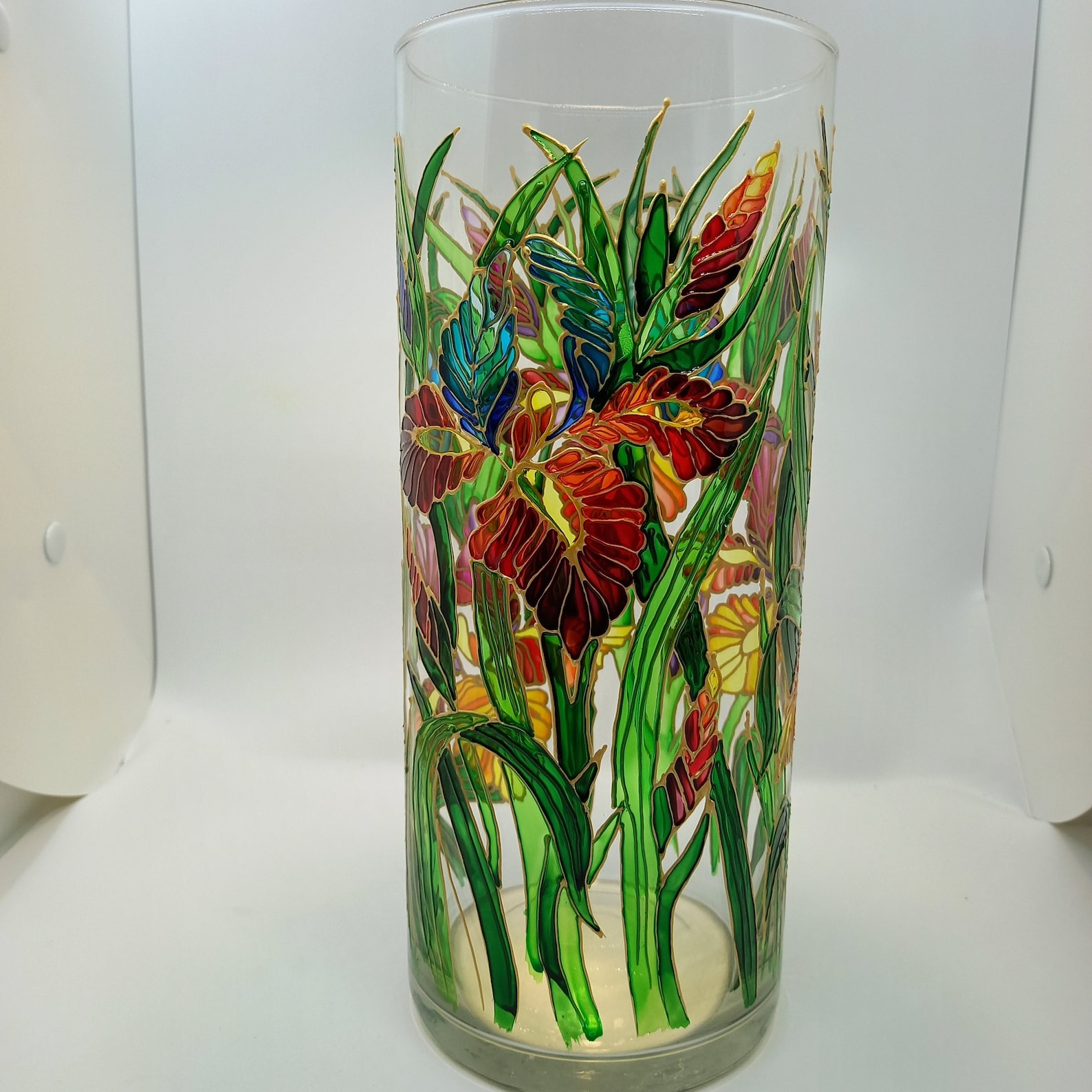 Tall Stained Glass Vase Hand Painted Irises Vase 104 1/3 in Etsy