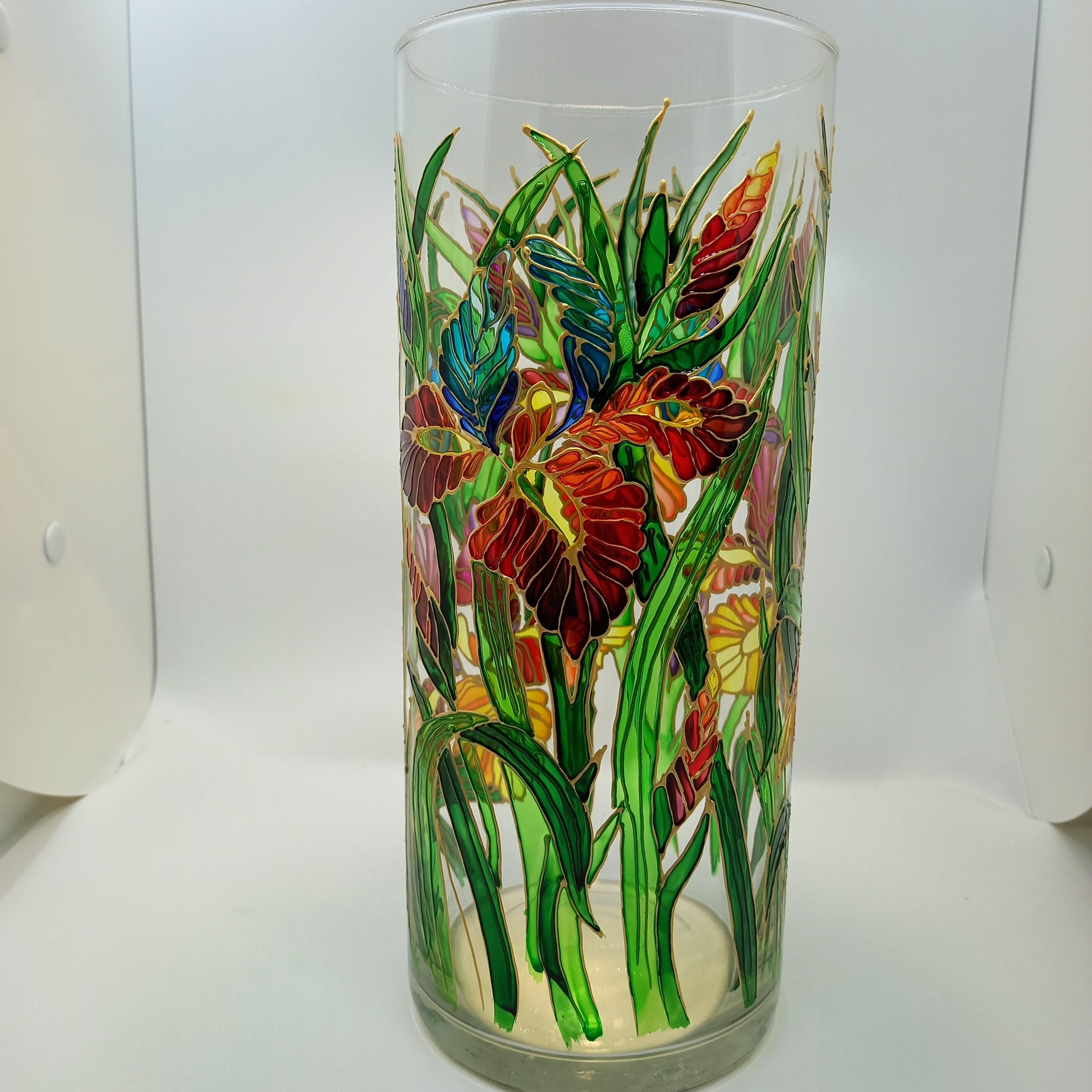 Tall Stained Glass Vase Hand Painted Irises Vase 104 1/3 in Etsy